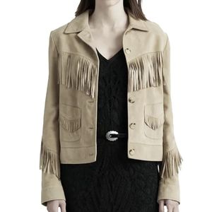 Ralph Lauren Western Fringe Trim Goat Suede Leather Jacket, Size- 2